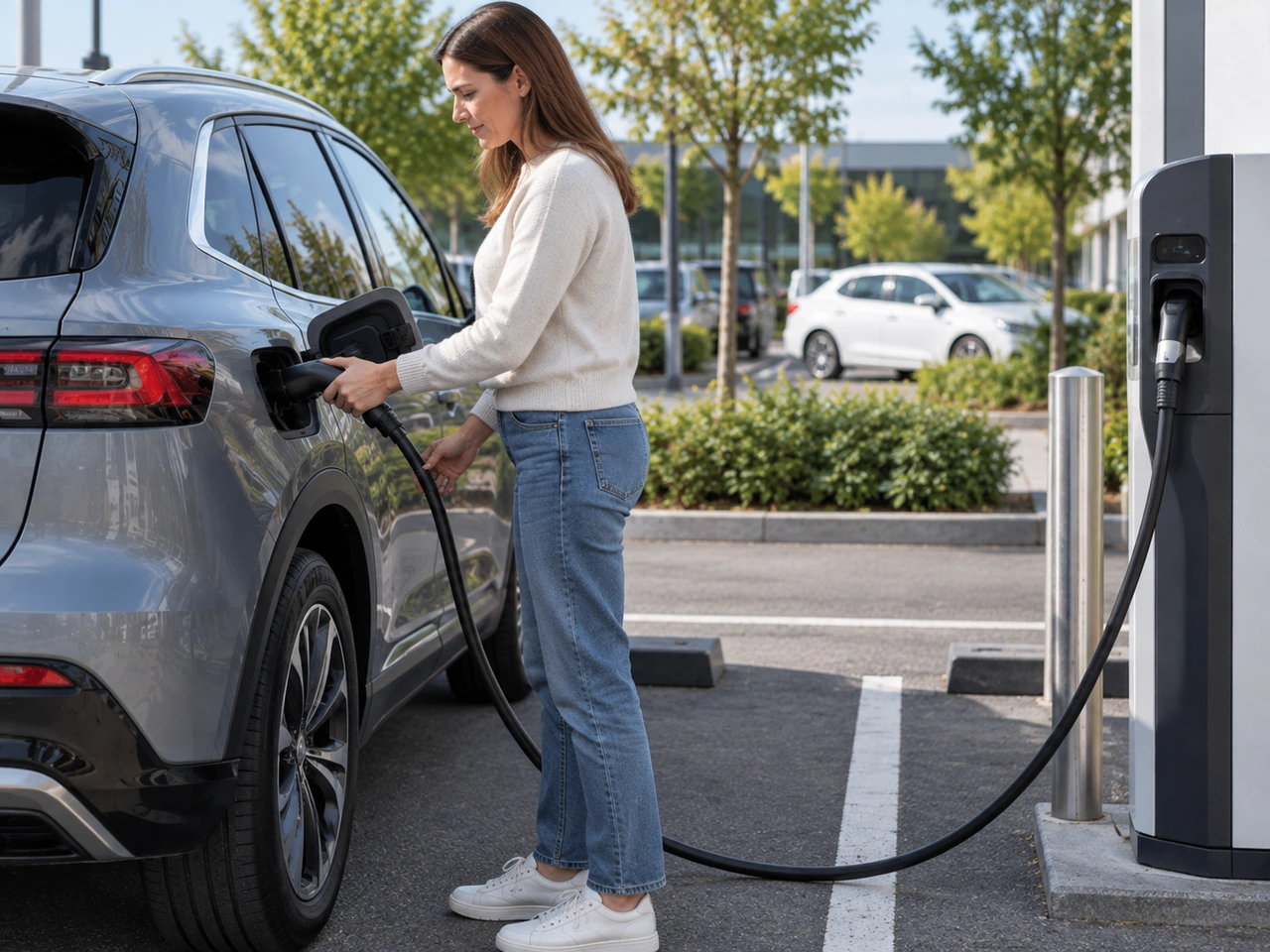 What should you do before driving away after charging an electric vehicle?