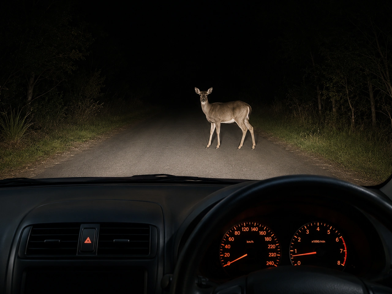 What should you do if an animal is standing on the road at night?