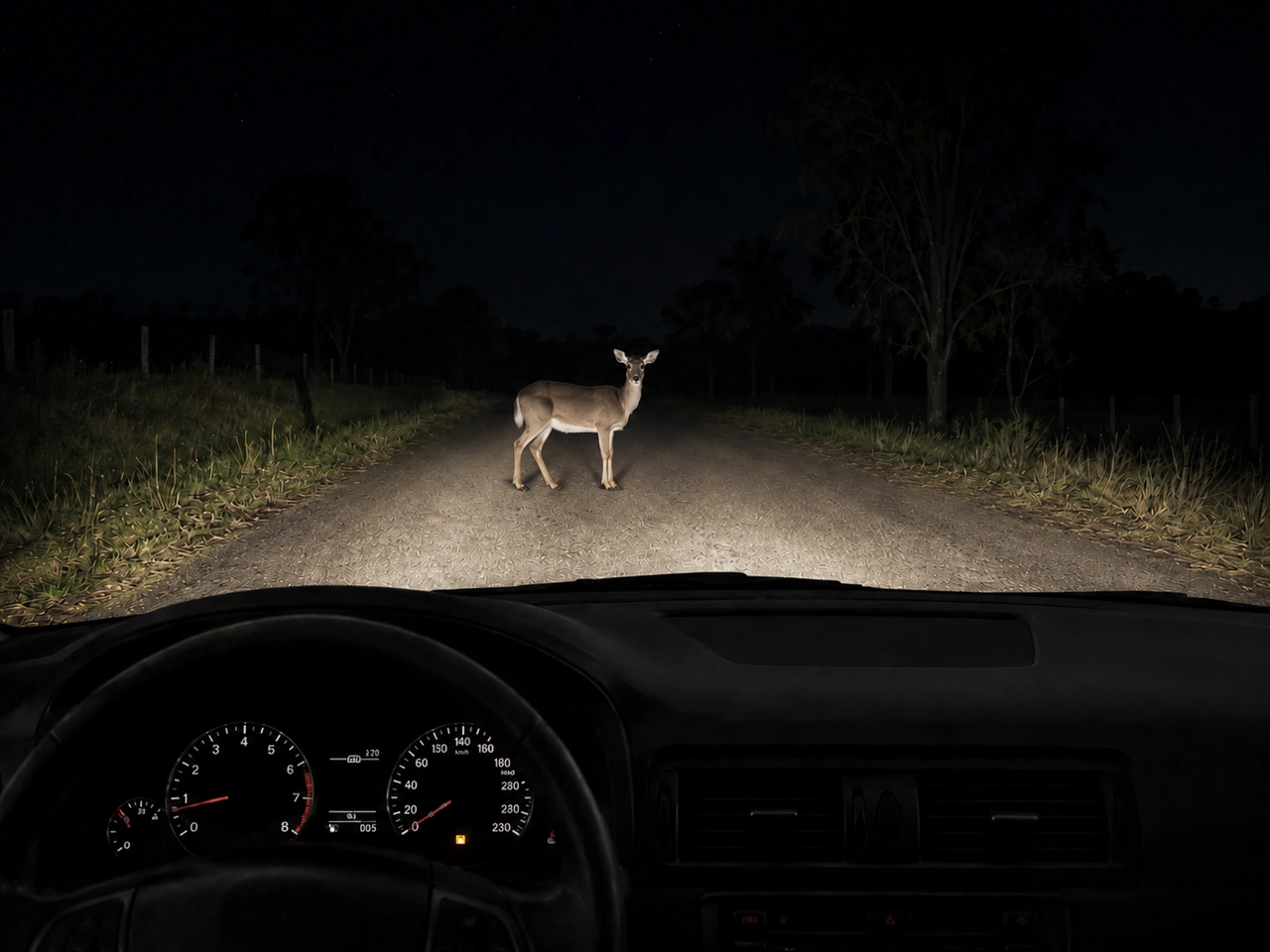 What should you do if an animal is standing on the road at night?