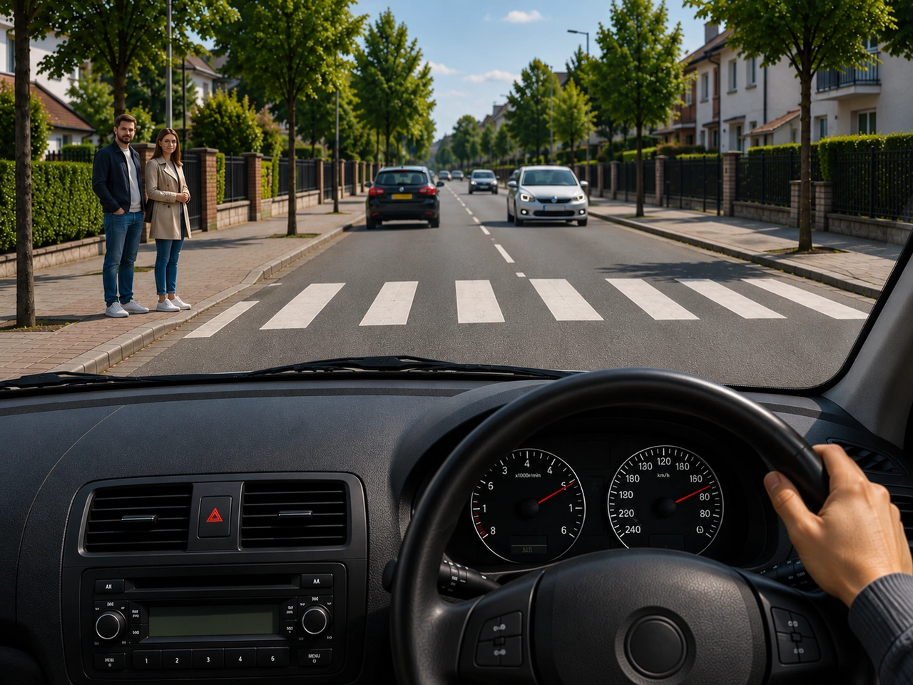 What should you do when people are waiting at a pedestrian crossing?
