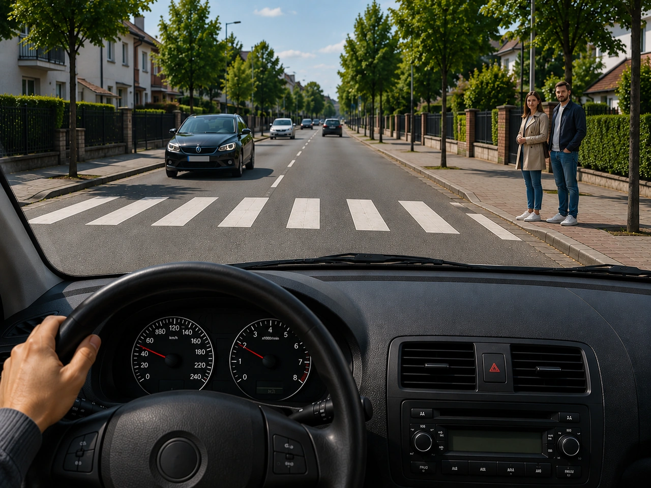 What should you do when people are waiting at a pedestrian crossing?