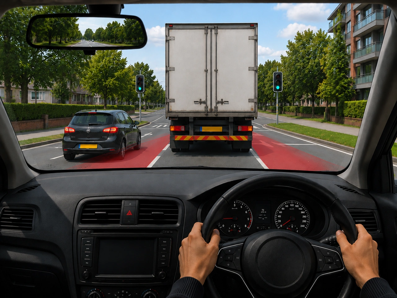 Why should you avoid stopping in a blind spot of a large vehicle?