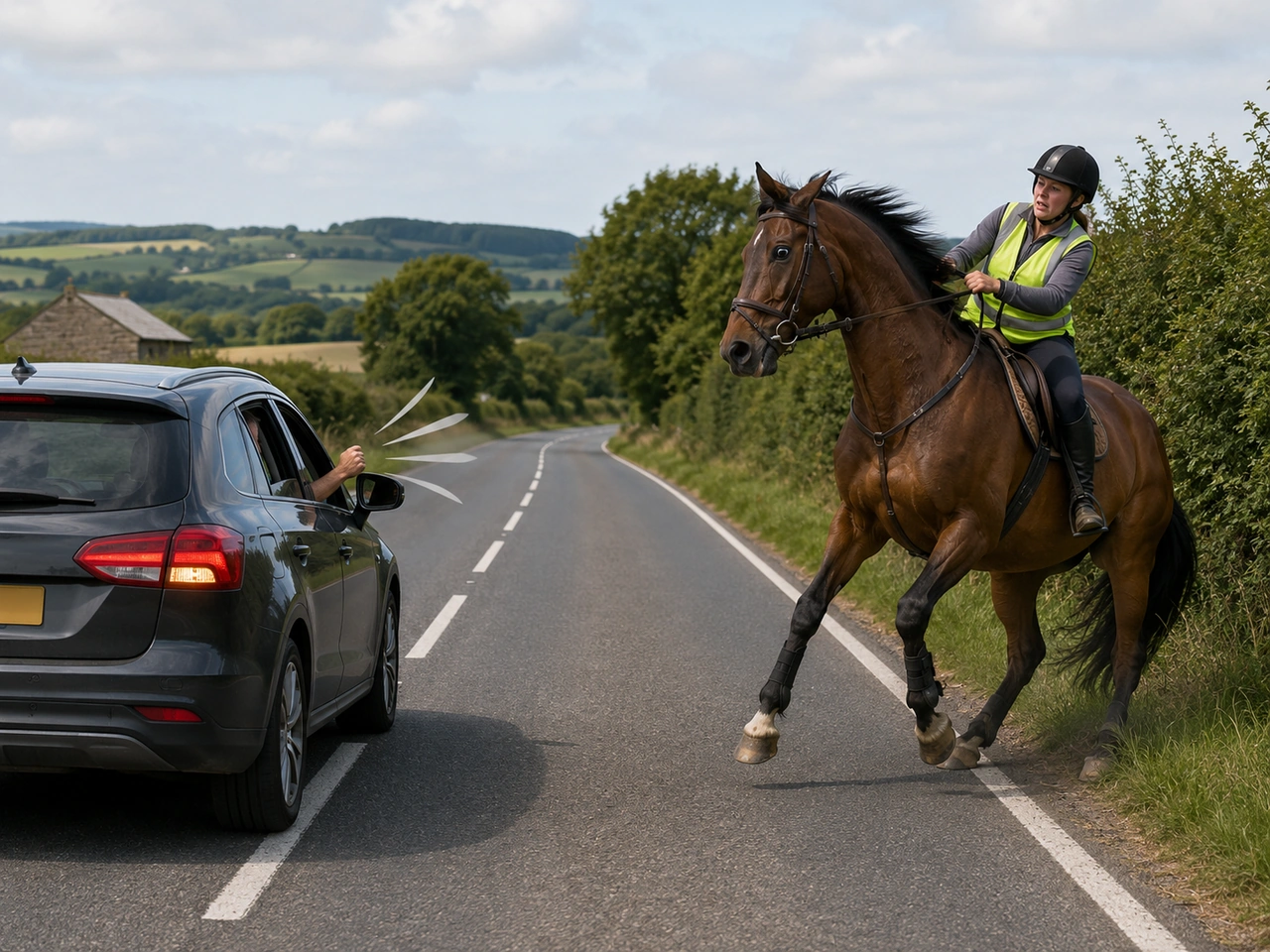 Why should you avoid sounding the horn near horses?