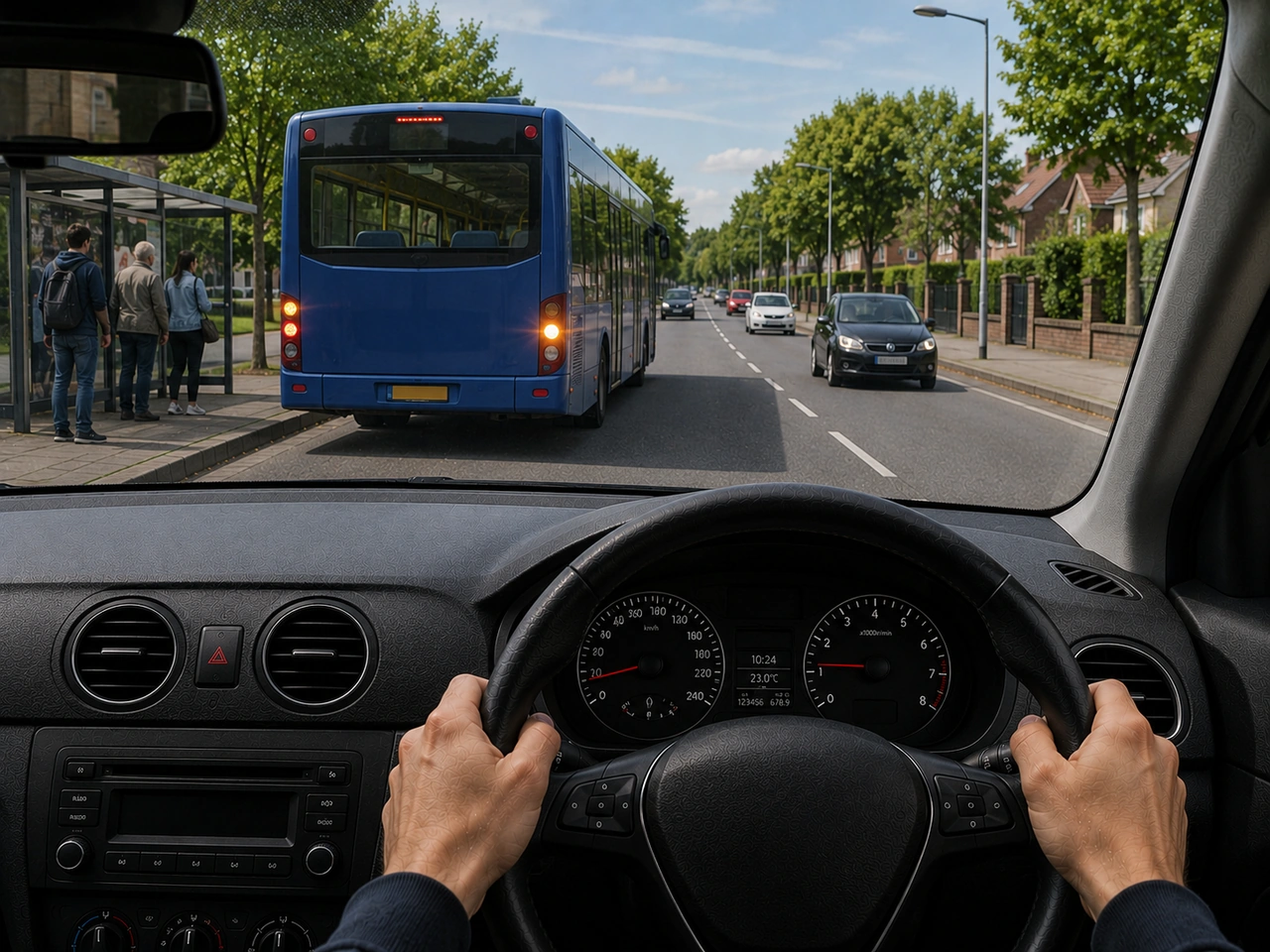 What should you do when a bus signals to pull away from a bus stop?