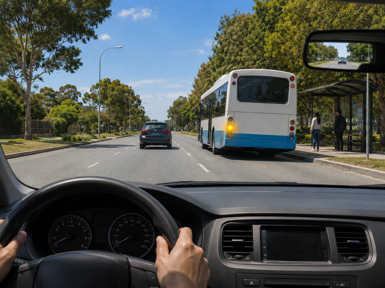 What should you do when a bus signals to pull away from a bus stop?