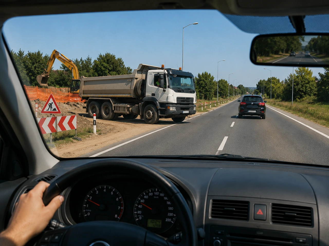 What should you do when construction vehicles enter or leave the road?