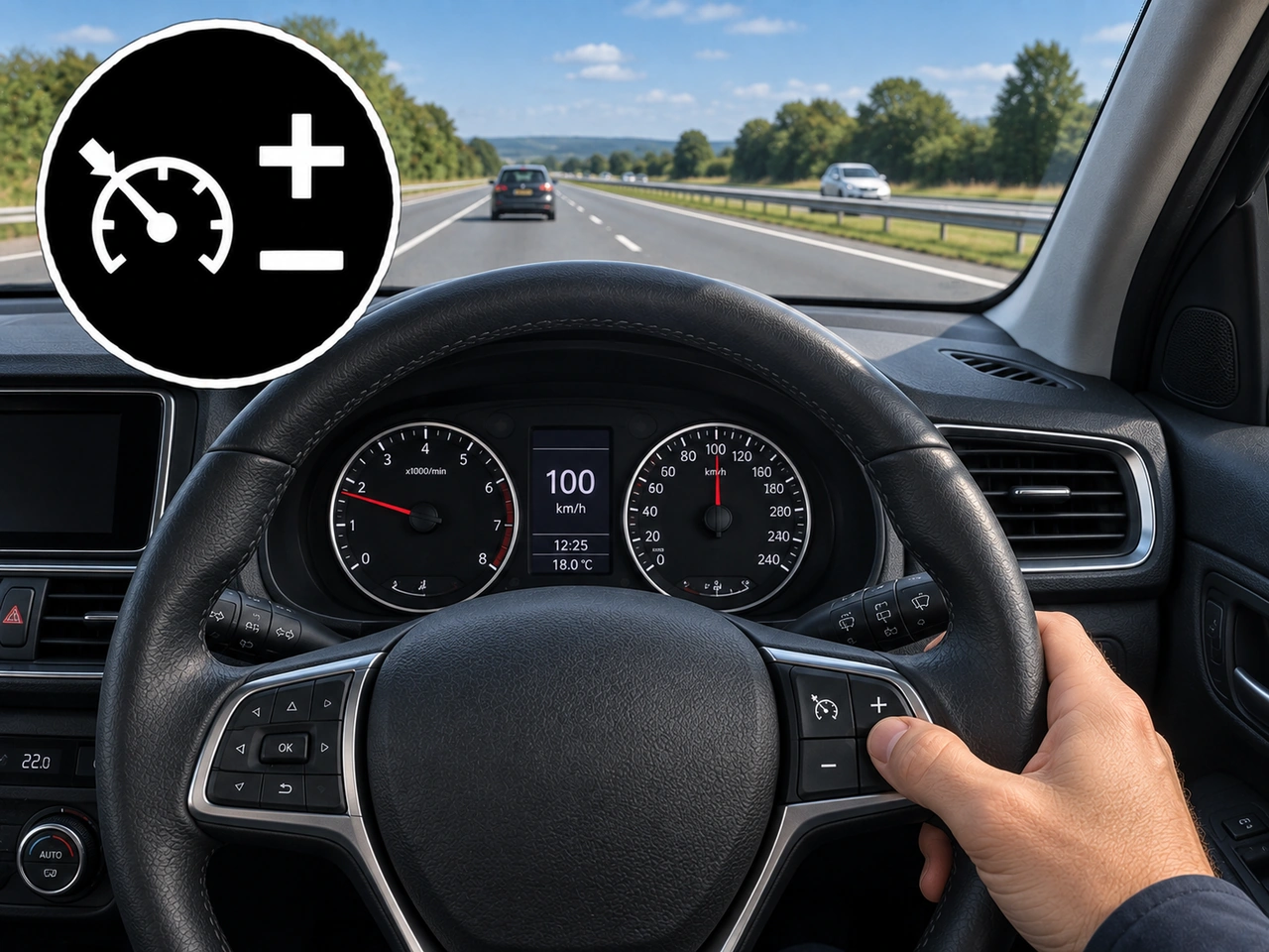 What do the + and − controls of cruise control normally do?