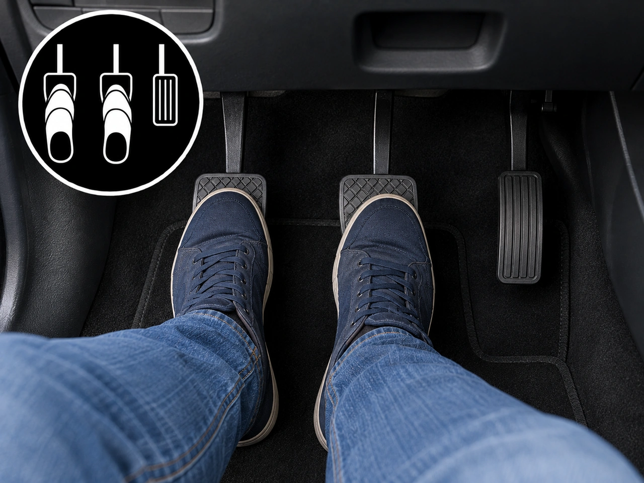 What should you do with the clutch during emergency braking in a manual vehicle?