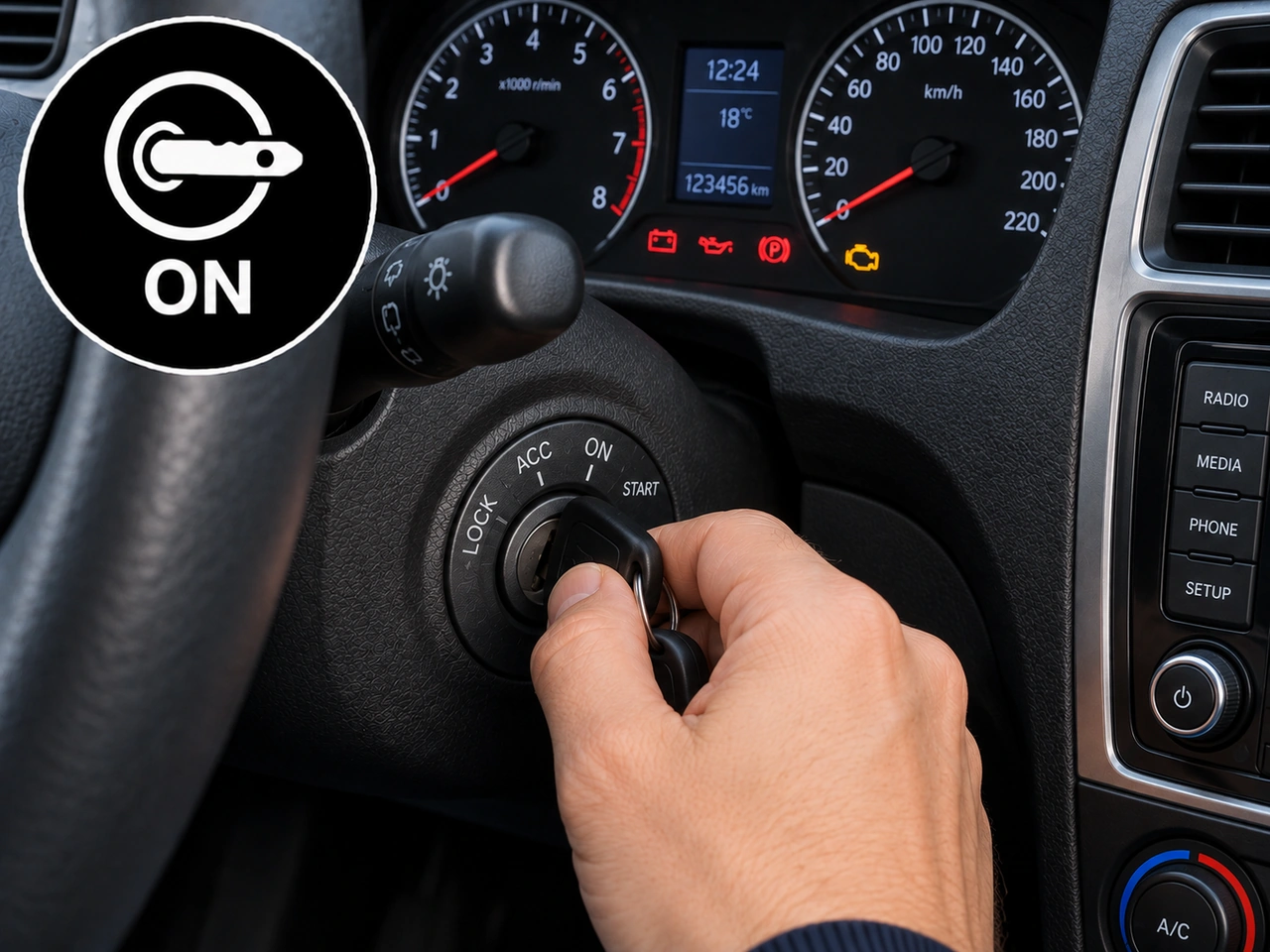 What does the ON position of a traditional ignition switch normally do?
