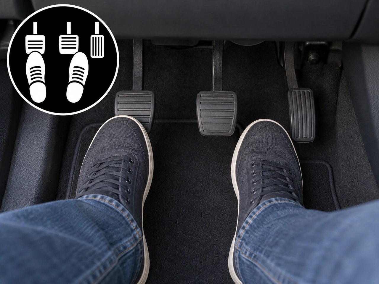 Which foot normally operates the brake and accelerator in a manual vehicle?