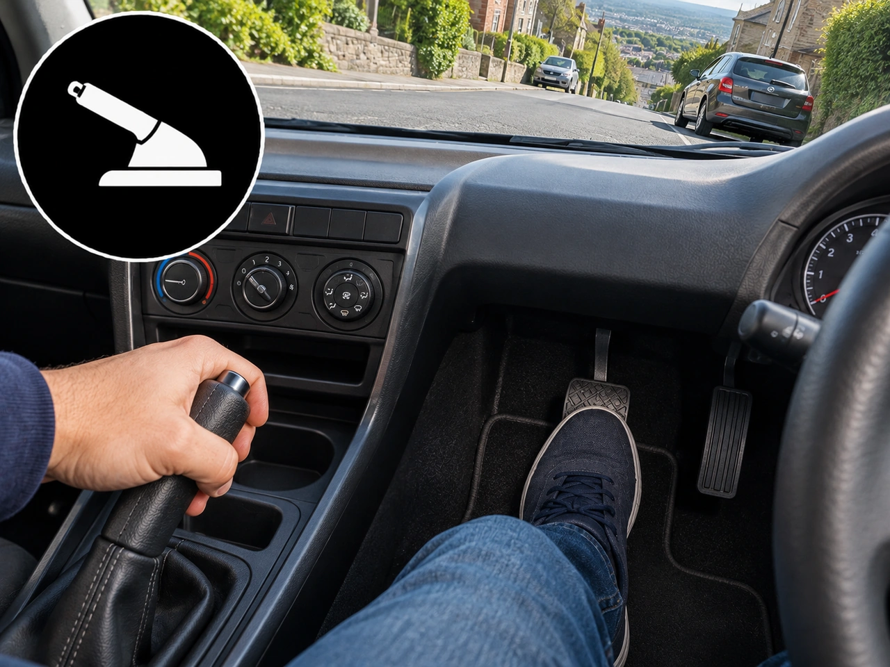 What should you do before releasing the parking brake on a slope?