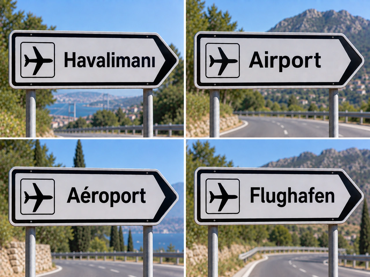 Which language is commonly used on text-based road signs in Turkey?