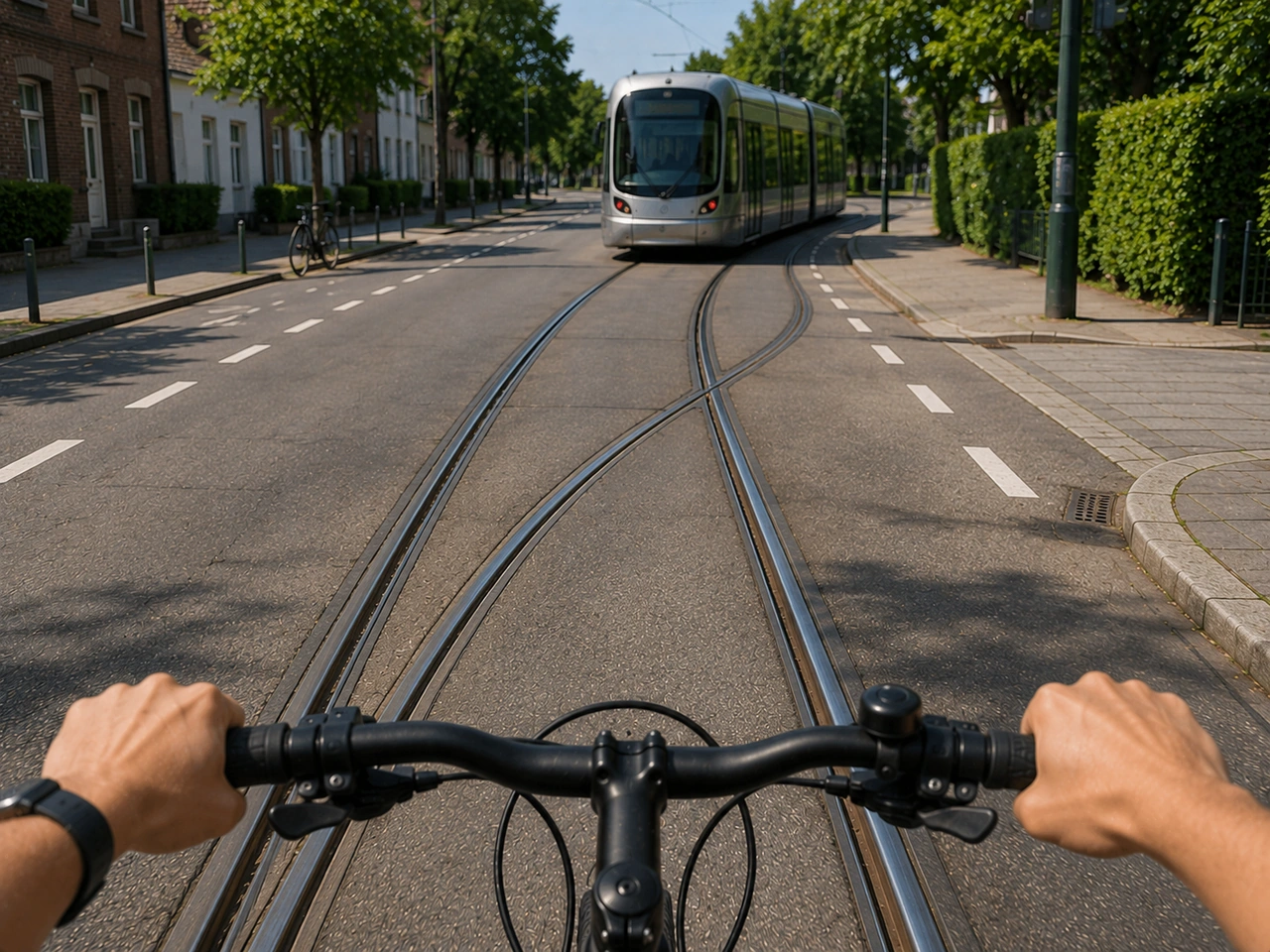 How should cyclists cross railway or tram tracks?