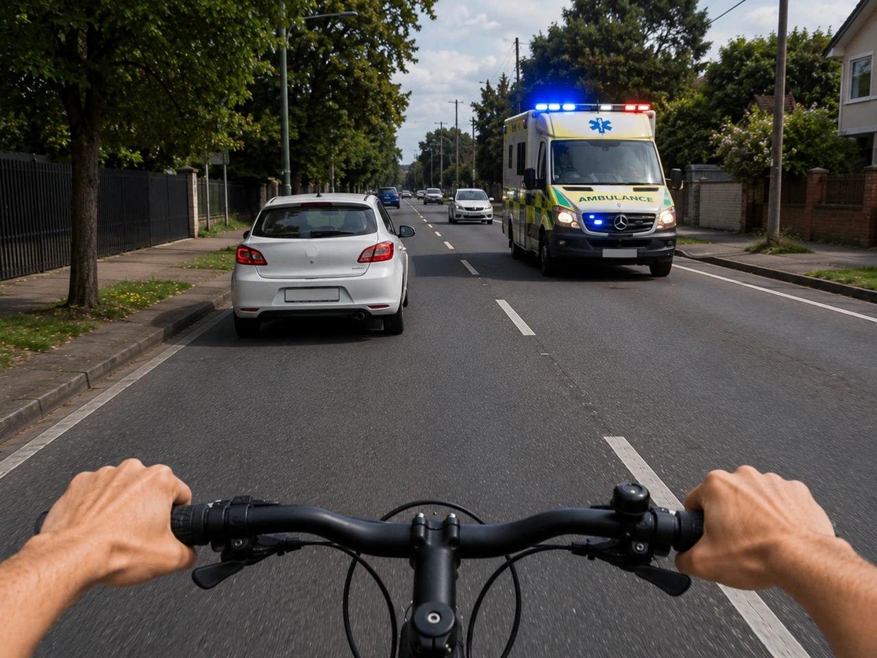 What should cyclists do when an emergency vehicle with lights and siren approaches?