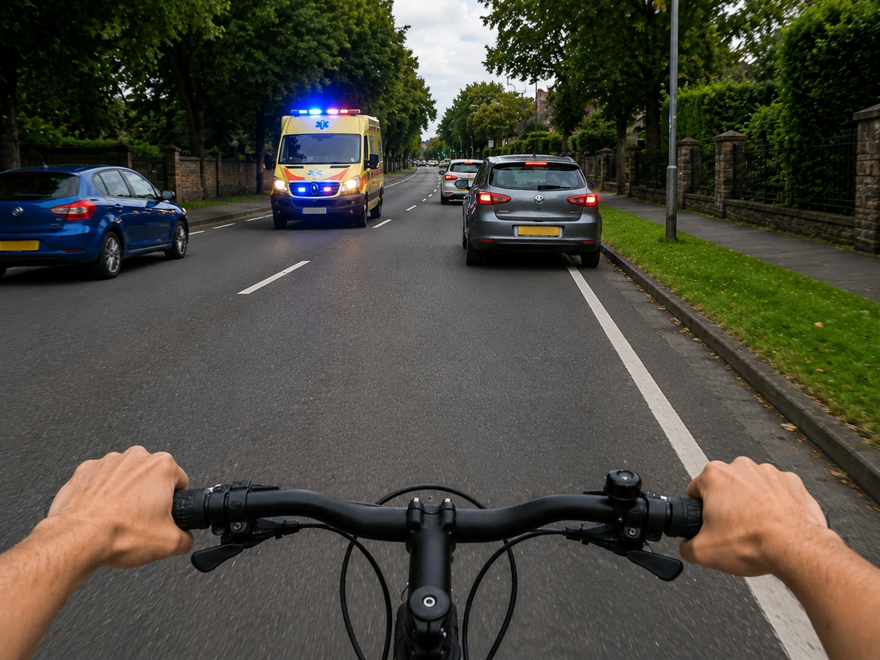 What should cyclists do when an emergency vehicle with lights and siren approaches?