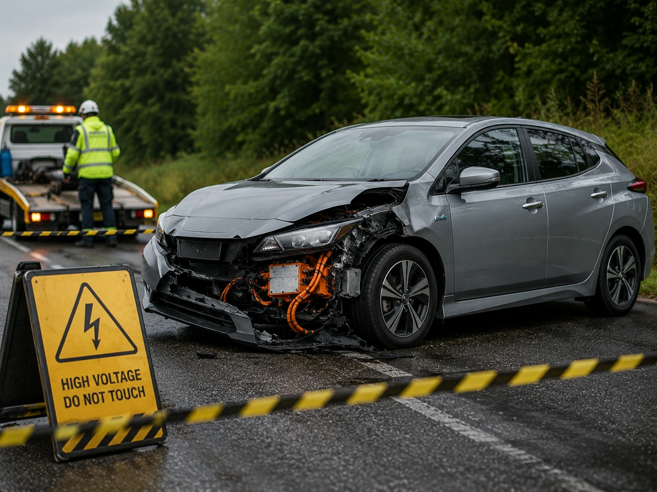 What should you do around a damaged electric or hybrid vehicle?