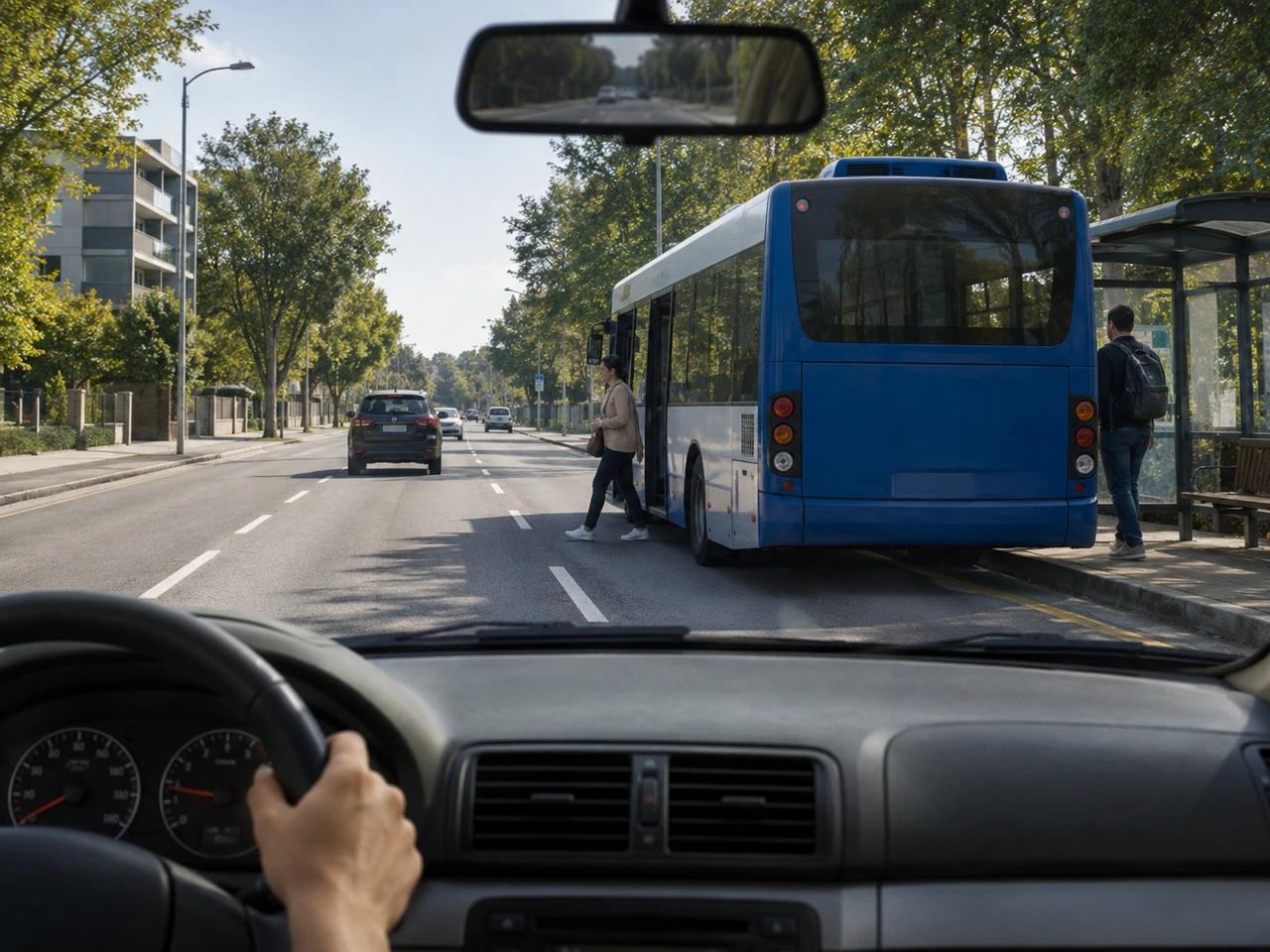 Why should you be careful when driving beside a bus at a stop?