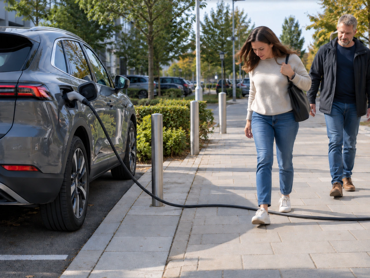 How should an EV charging cable be positioned where pedestrians may pass?