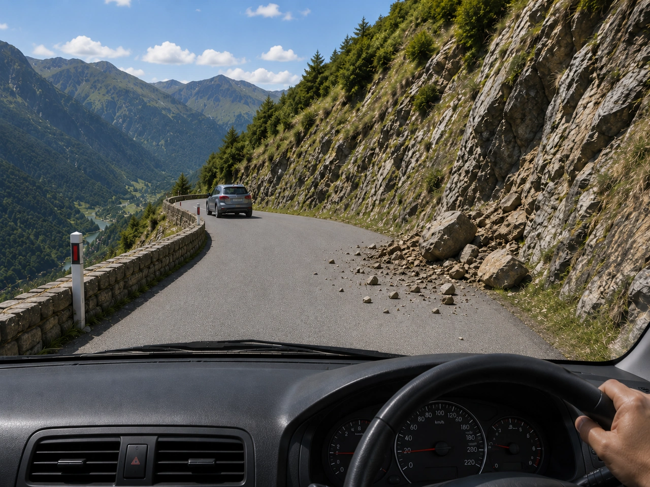 What should you do if you see fallen rocks on a mountain road?