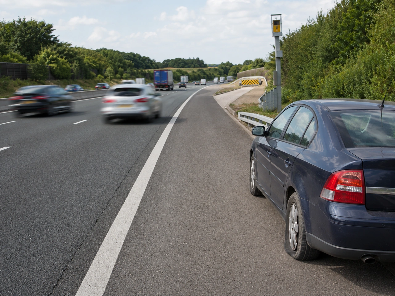 What should you do about a flat tyre on a high-speed road?