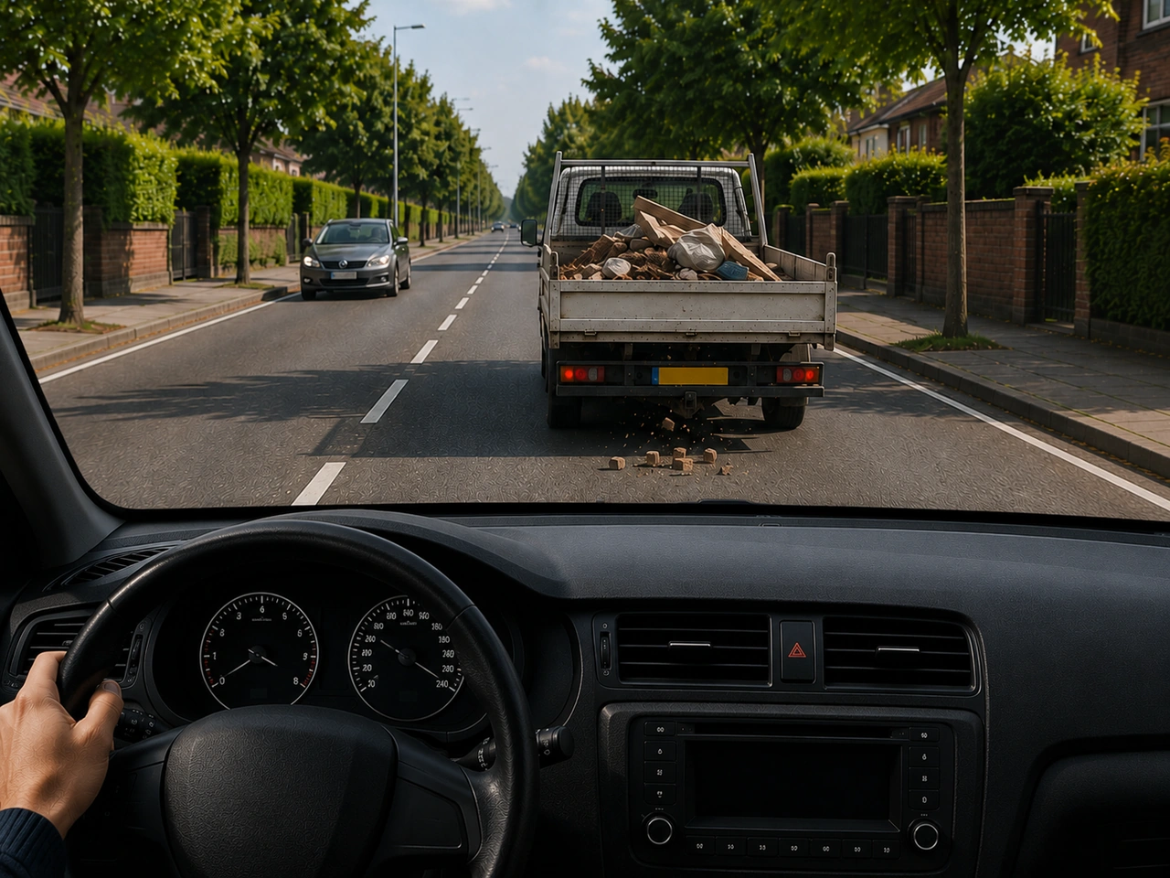 Why should you be cautious when following a vehicle carrying a loose load?