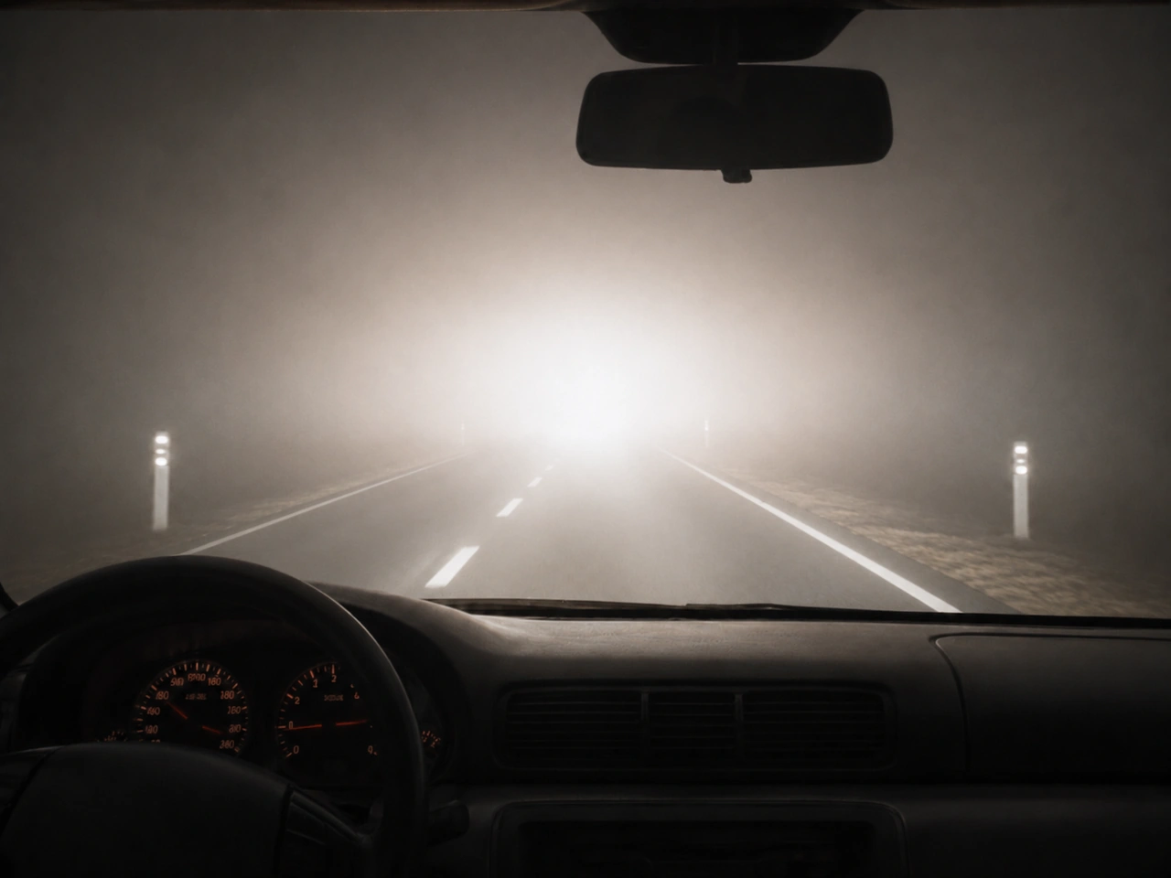 Why can main-beam headlights make driving in fog more difficult?