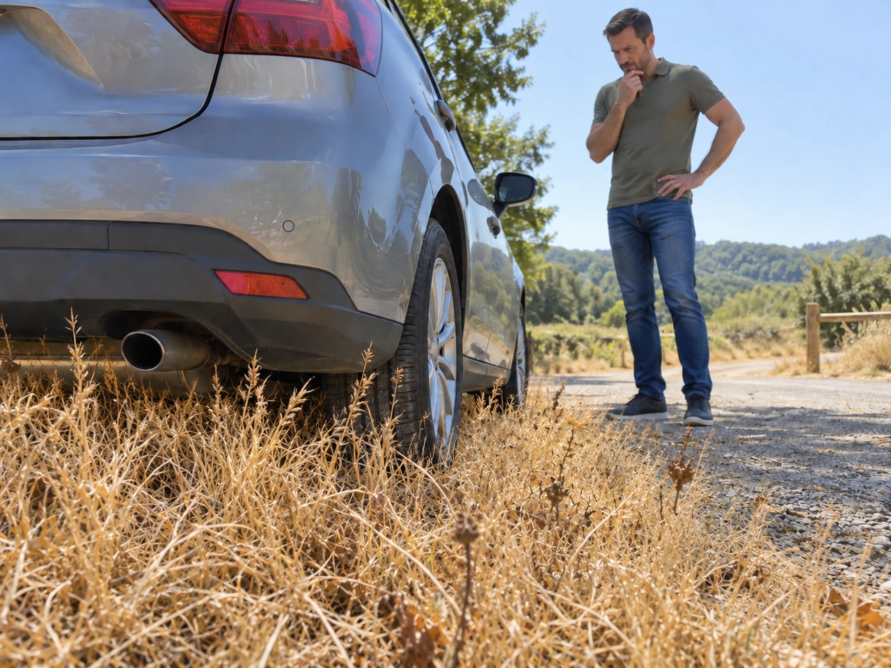Why should you avoid parking a petrol or diesel vehicle on dry grass?