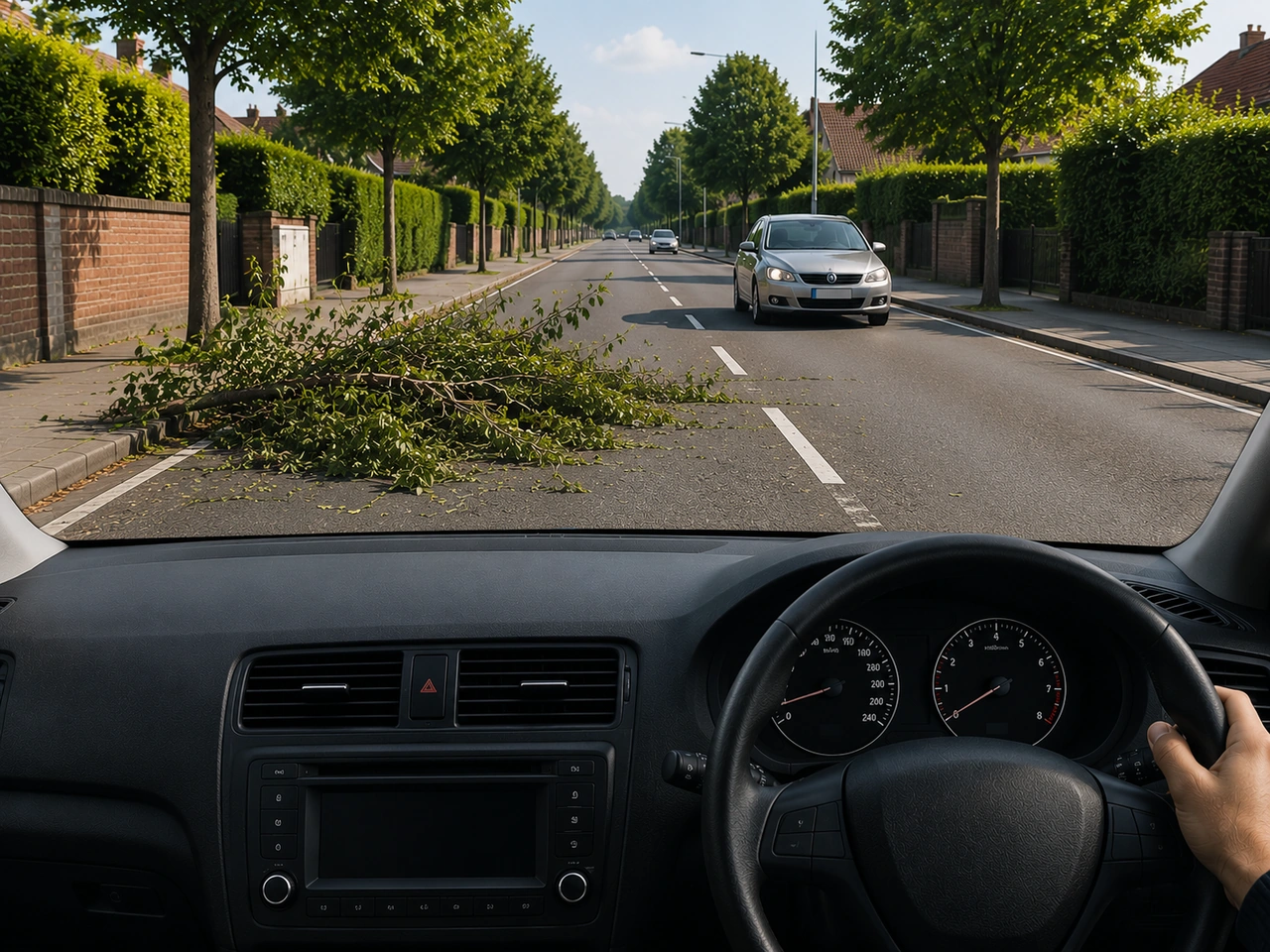 What should you do if your lane is blocked by an obstacle?