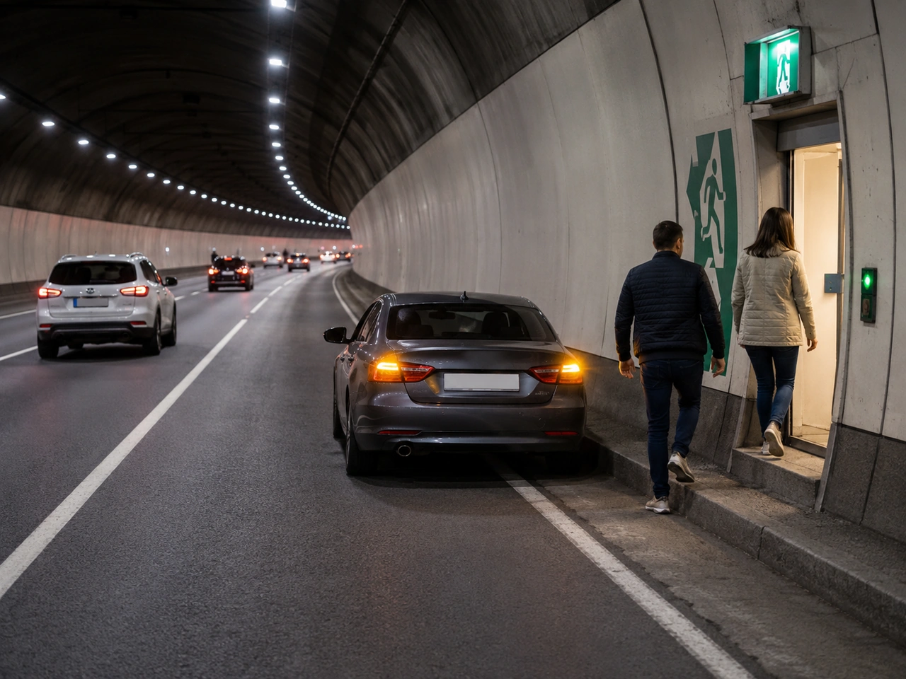 Para onde deve ir depois de sair em segurança de um veículo imobilizado num túnel?