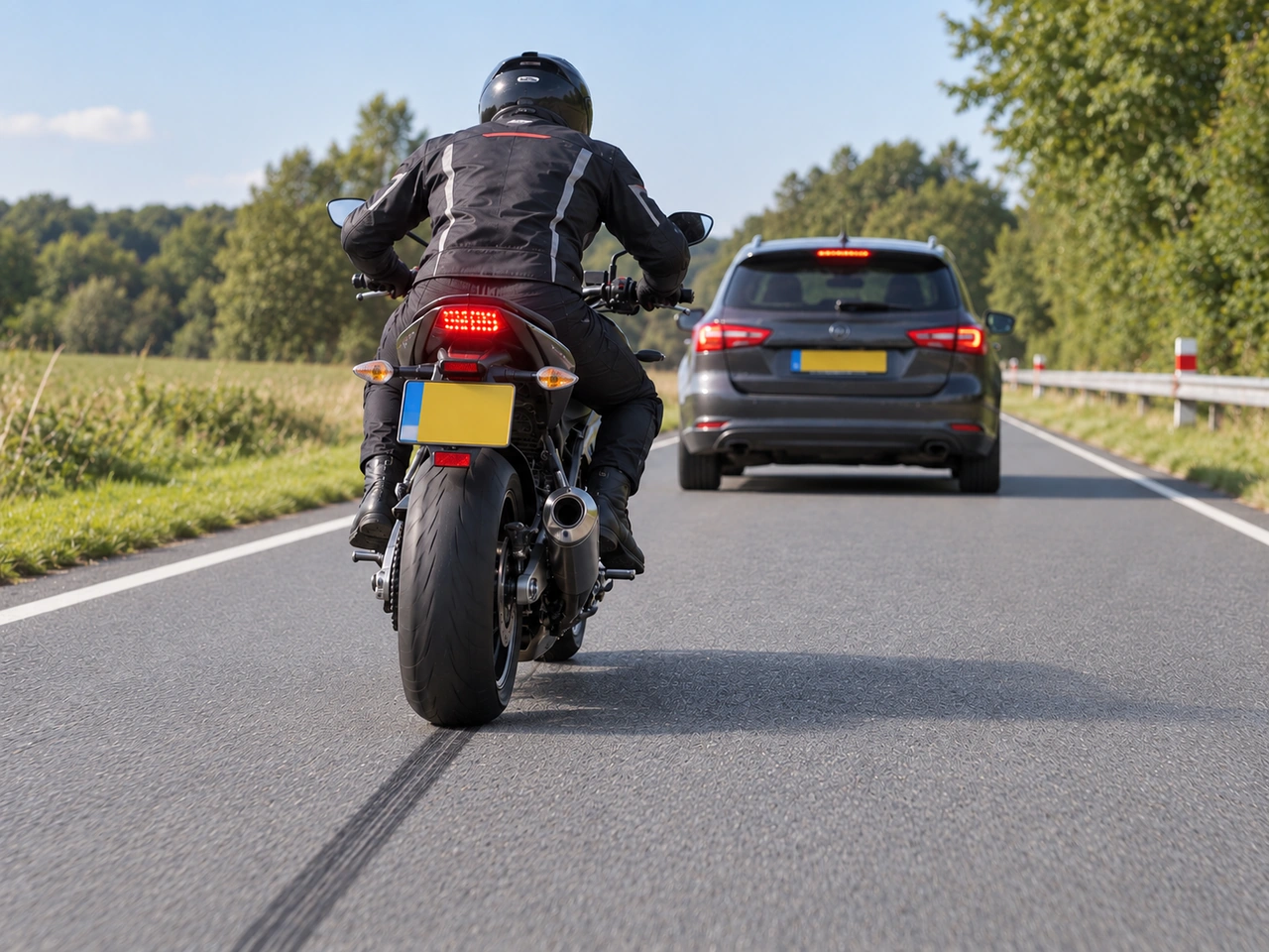 How should a motorcyclist brake in an emergency?