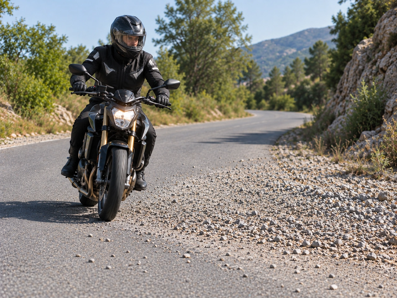 What should a motorcyclist do when approaching loose gravel?