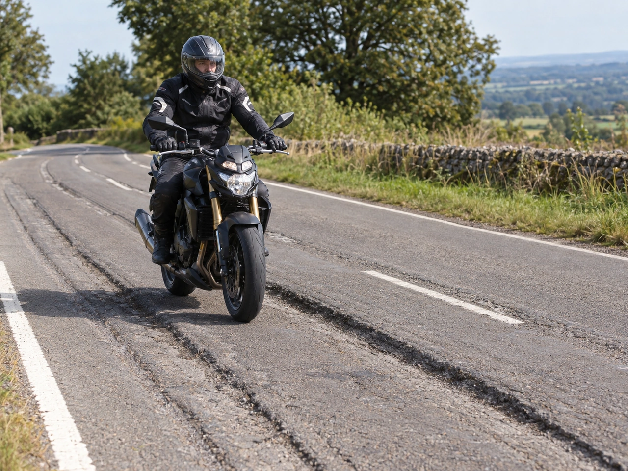 Como deve um motociclista reagir a sulcos ou valas na estrada?