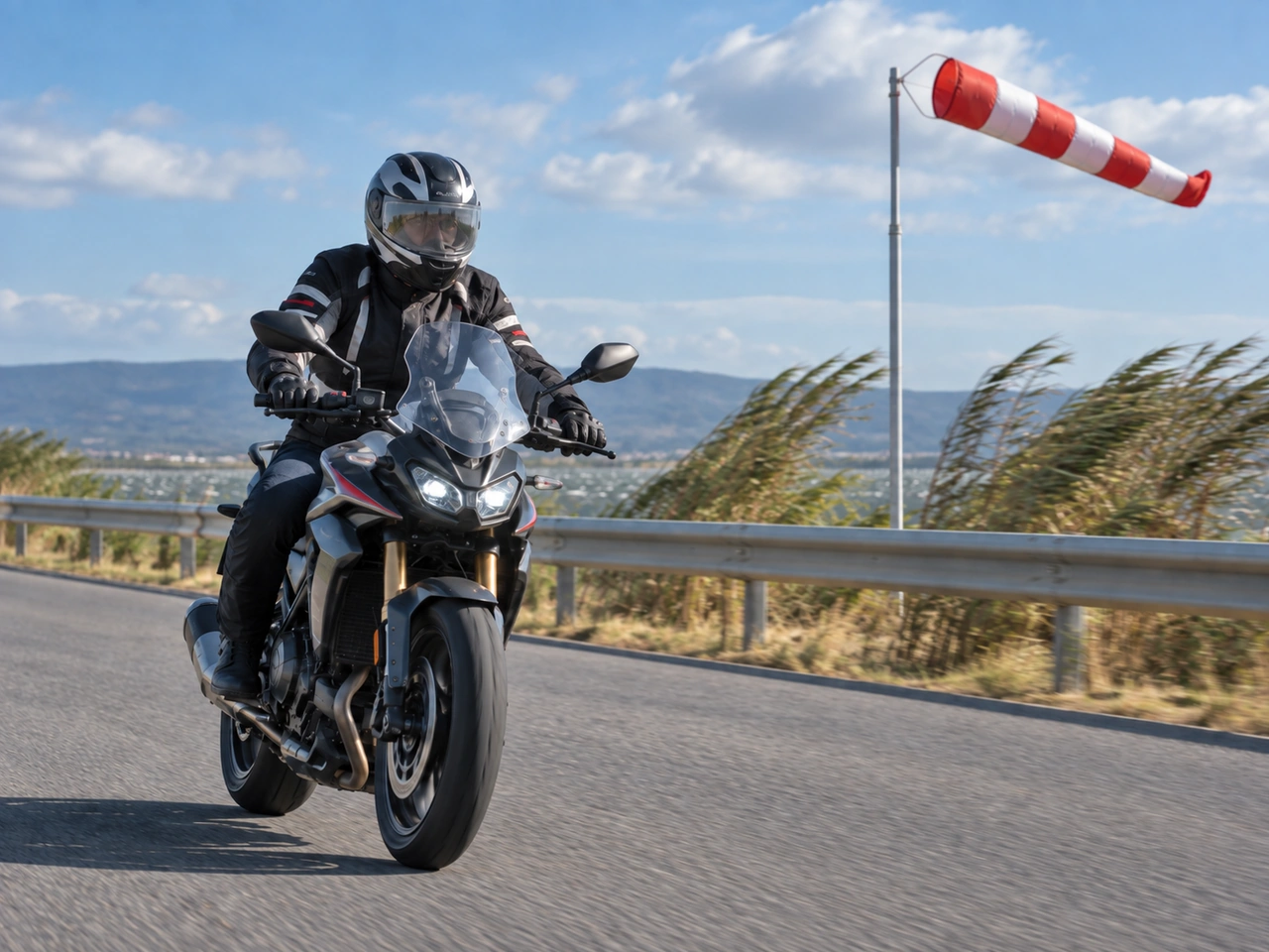 O que deve um motociclista fazer com ventos laterais fortes?