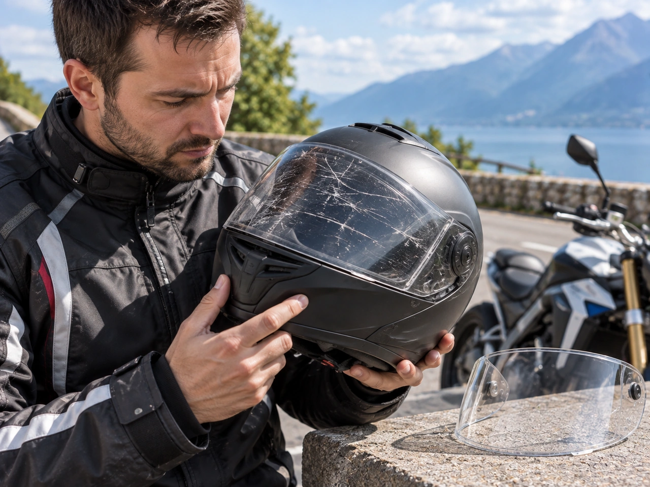 What should you do if a motorcycle helmet visor is badly scratched?