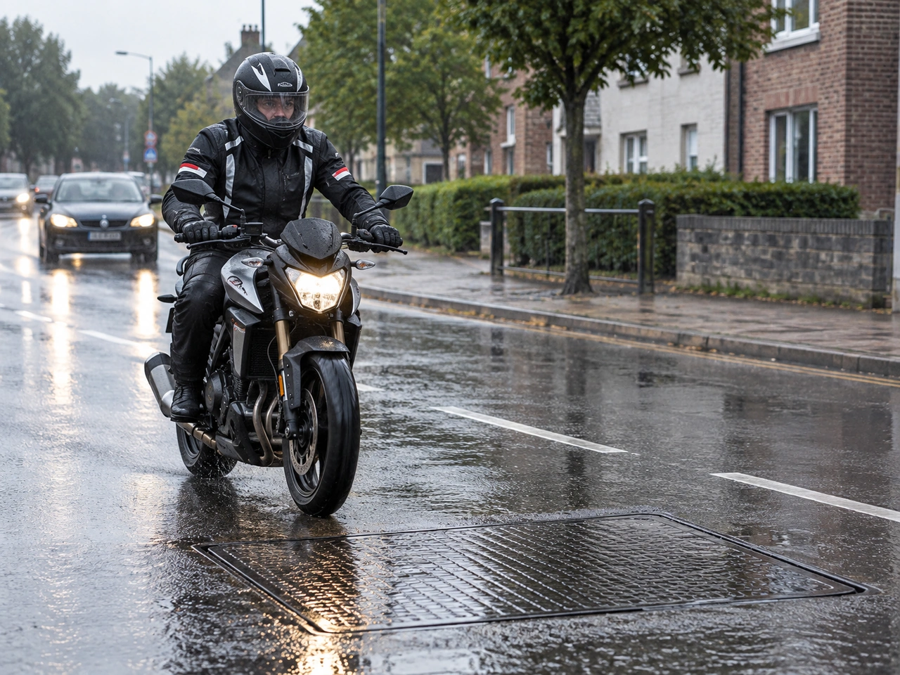 Why should motorcyclists take extra care on wet metal covers?