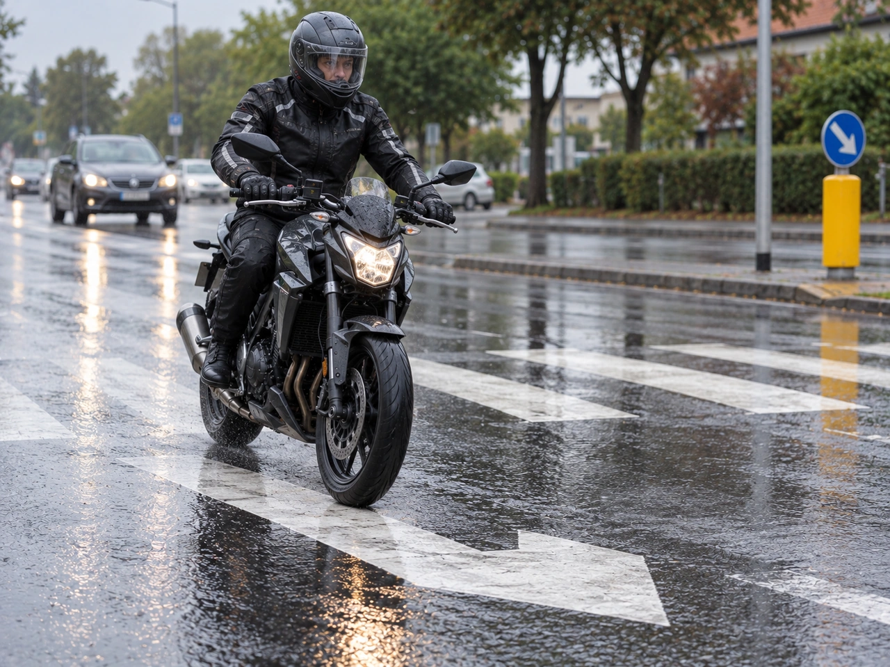Why should motorcyclists take extra care on wet road markings?