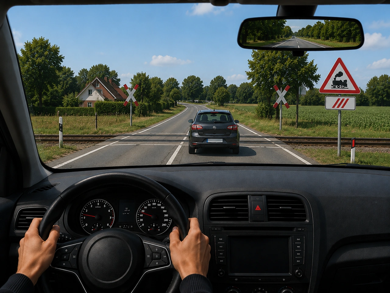 What should you do at a railway crossing without barriers?
