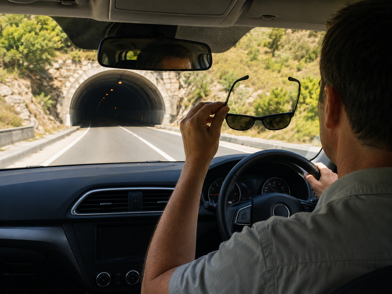 Por que deve tirar óculos de sol escuros antes de entrar num túnel?