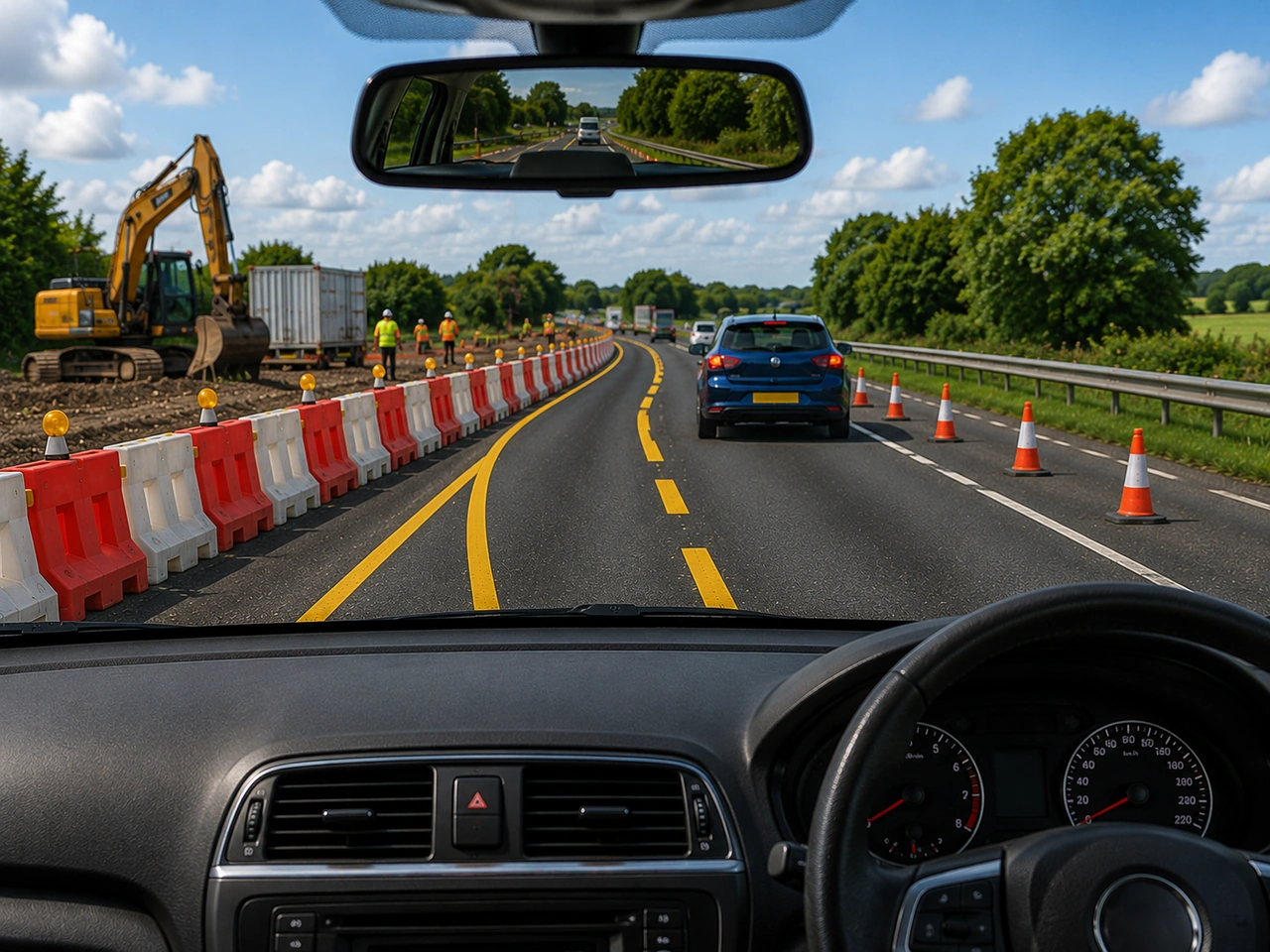 Which road markings should you follow through roadworks?