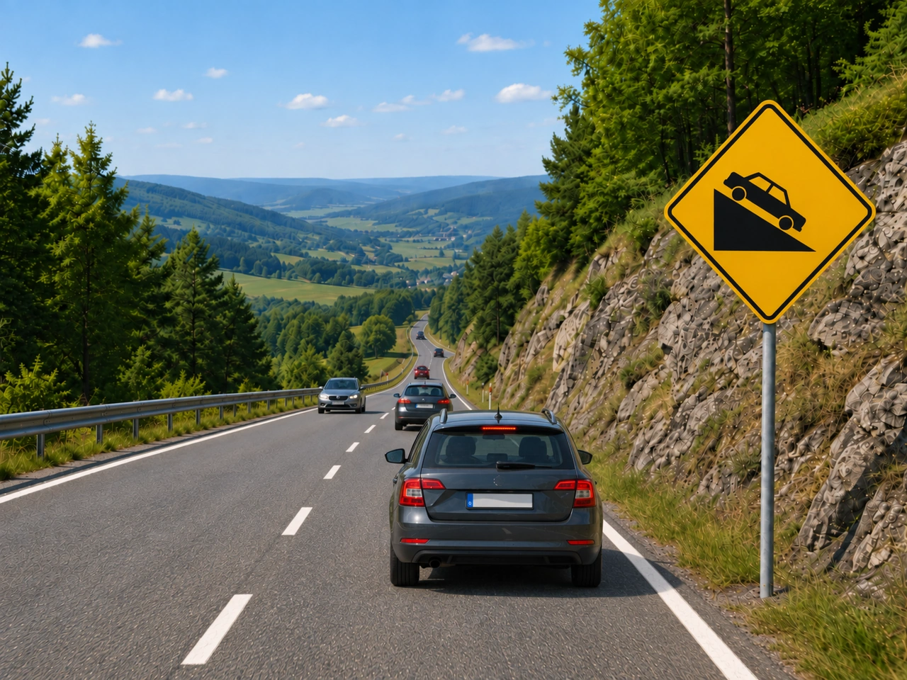 What should you do before driving down a long, steep hill?