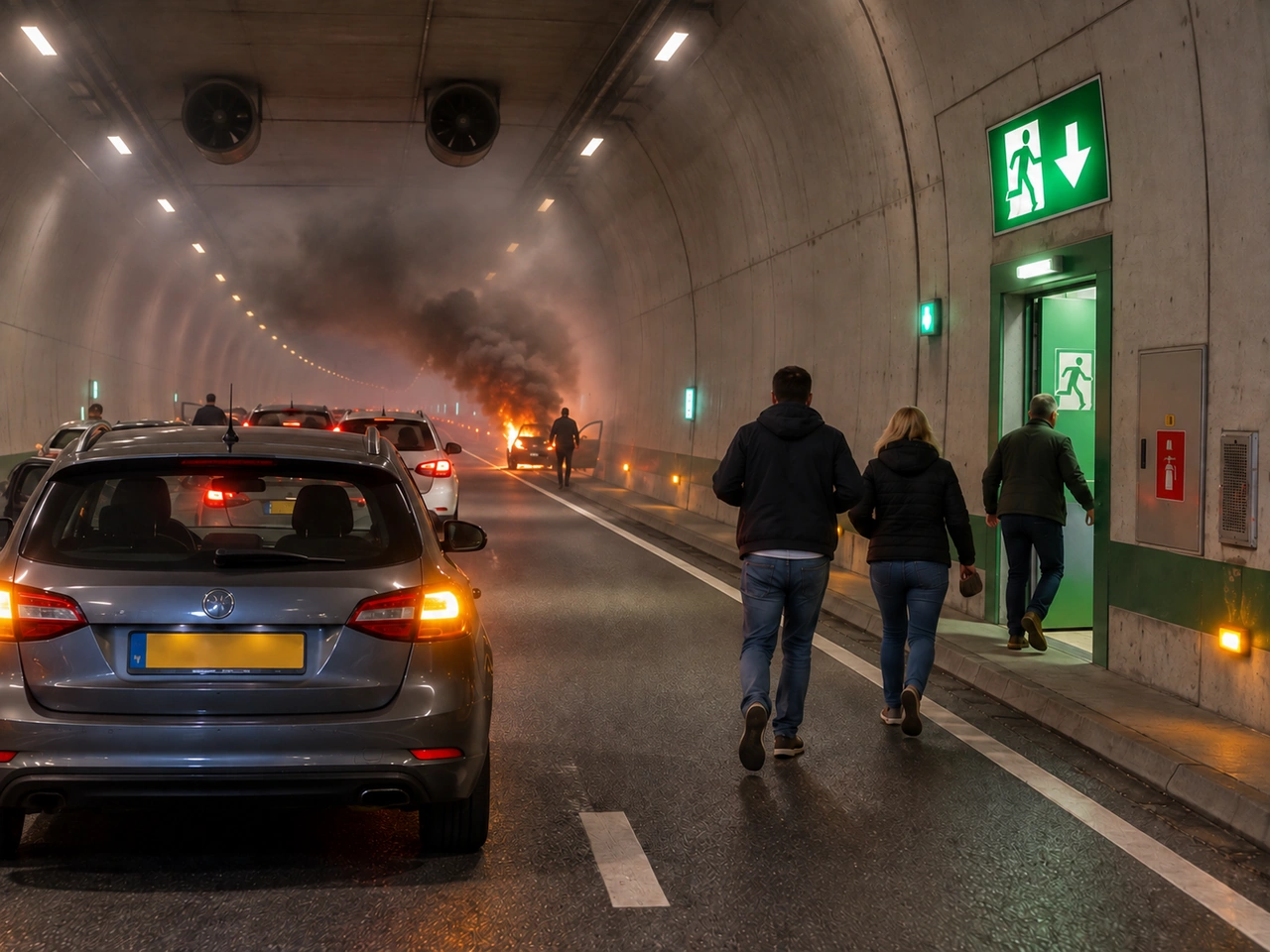 What should you do if you see smoke or fire inside a tunnel?