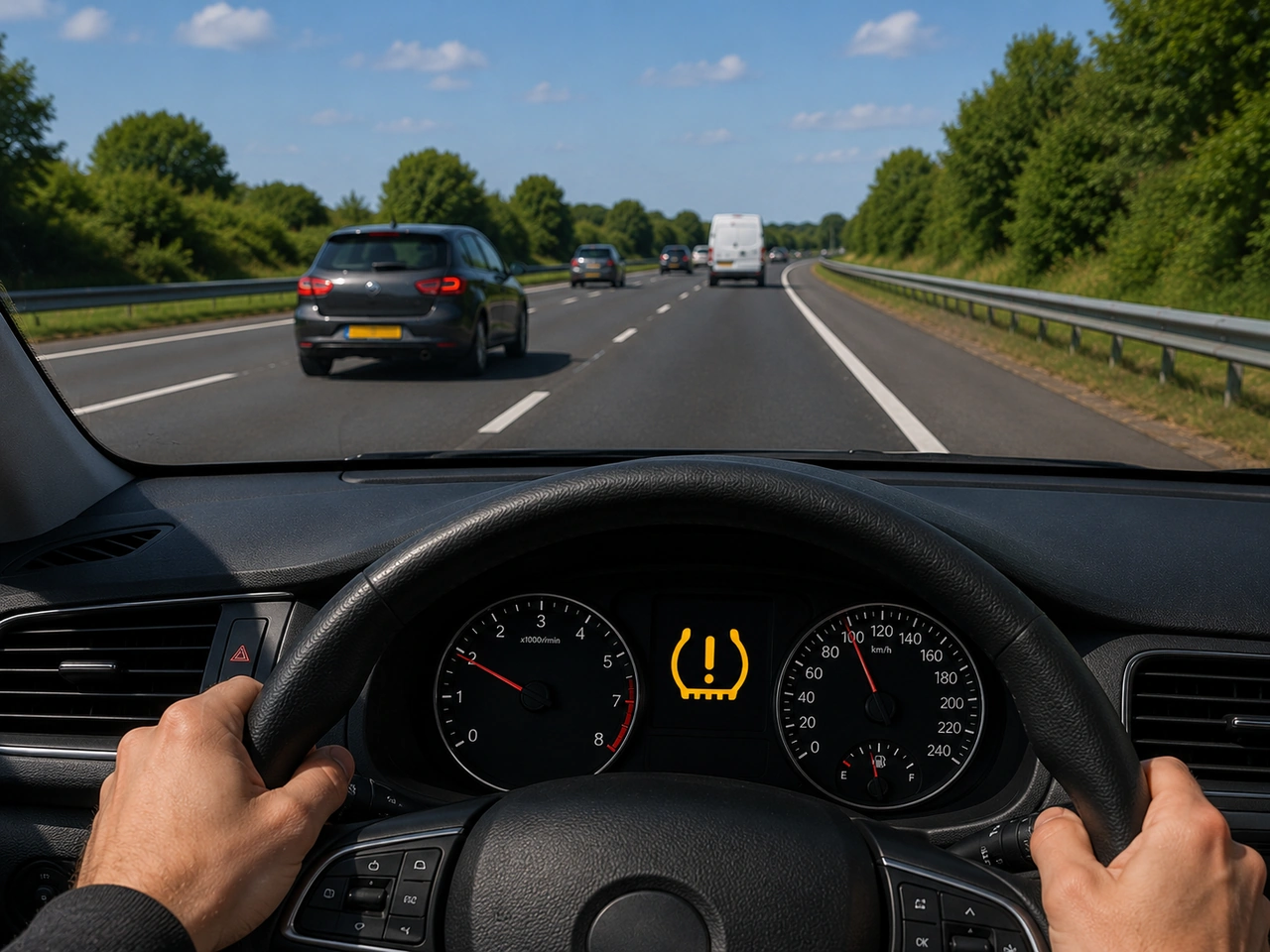 What should you do if a tyre-pressure warning appears and handling changes?