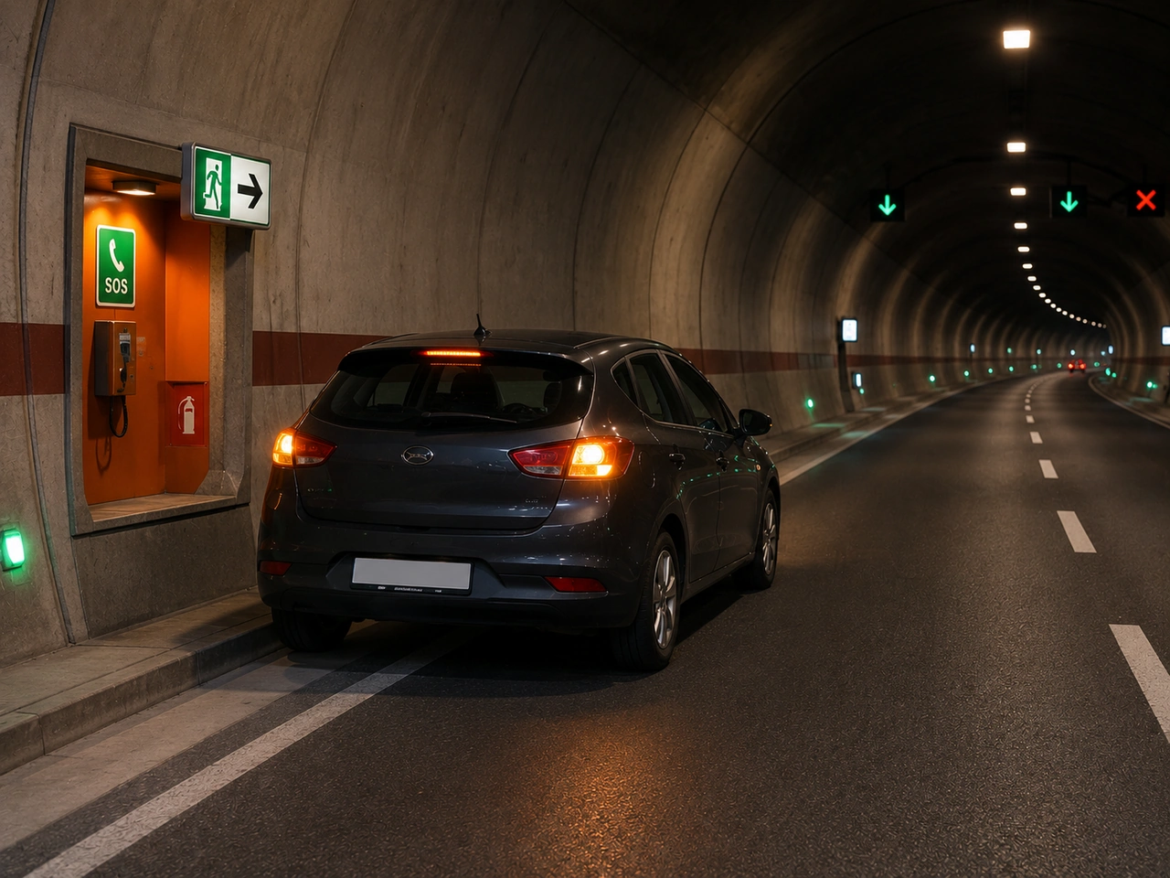 What should you do if your vehicle breaks down inside a road tunnel?