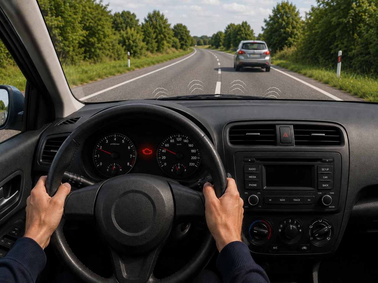 What should you do if a red warning light appears with an unusual noise?