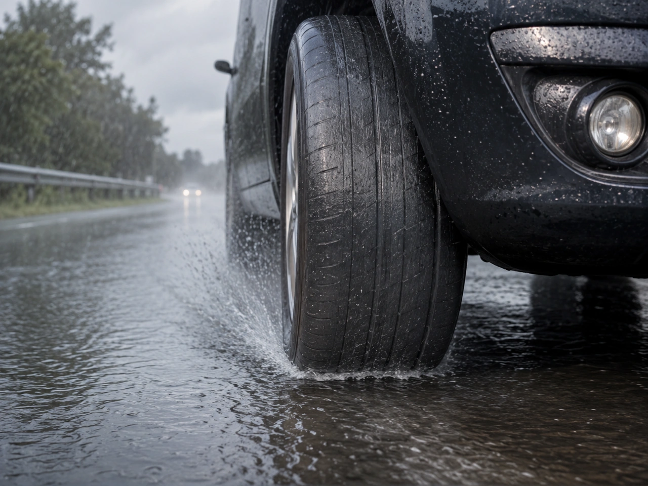 How can worn tyres affect driving in heavy rain?