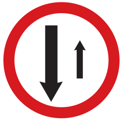 Fahrbahnverengung, Gegenverkehr Vorfahrt gewähren.