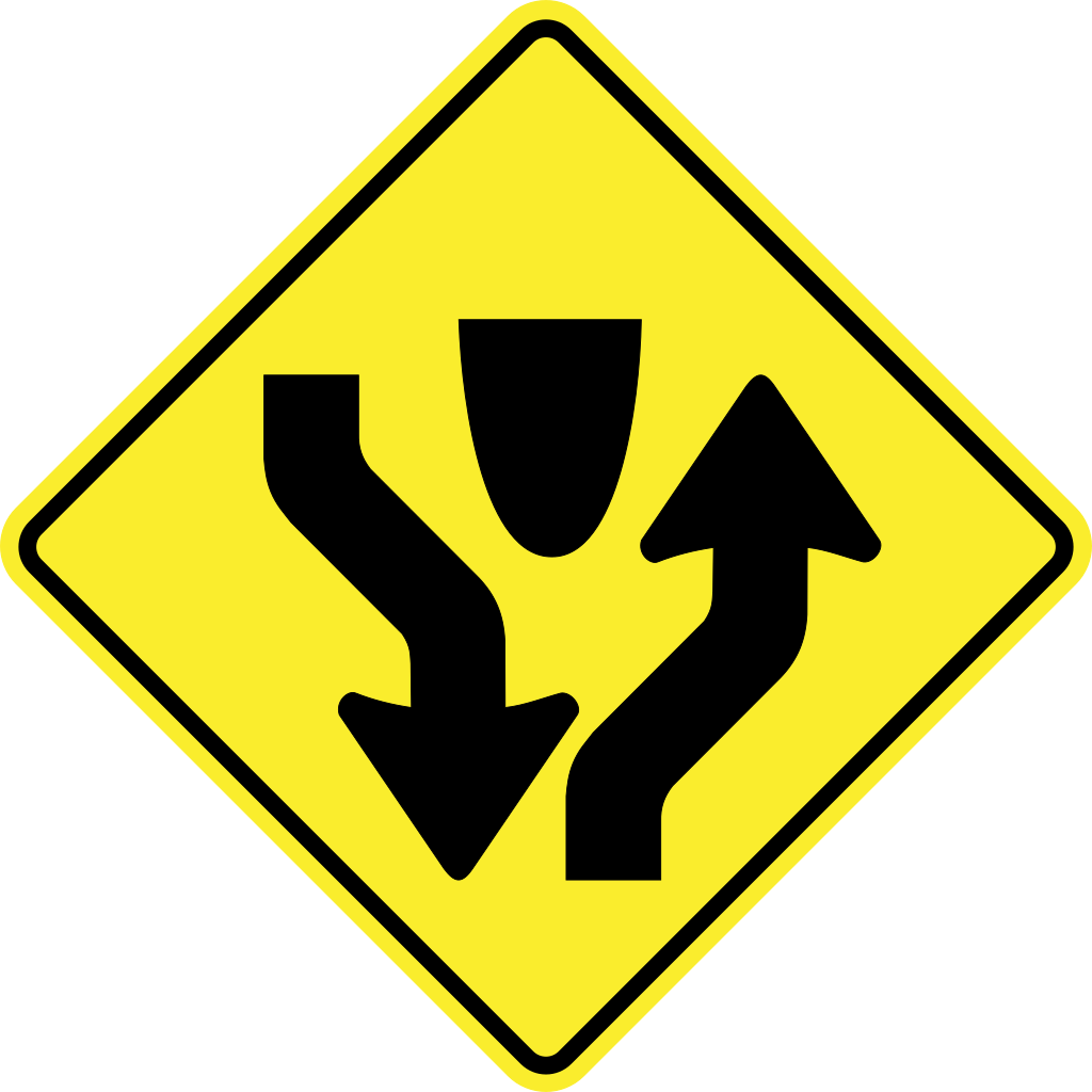 Warnung vor geteilter Fahrbahn.