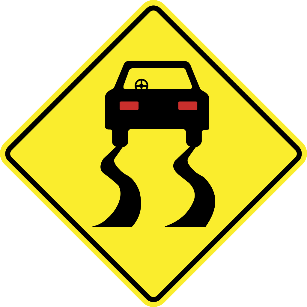 Warnung vor rutschiger Fahrbahn.