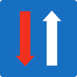 Road narrowing, oncoming drivers have to give way.