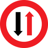 Road narrowing, give way to oncoming drivers.